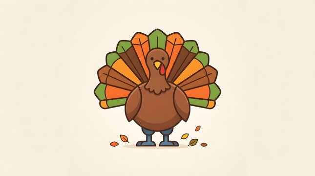 A simple flat vector illustration of a cute turkey with colorful feathers standing on a light background