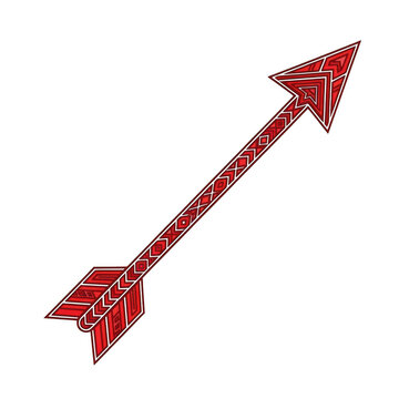Red decorative arrow with tribal geometric patterns isolated on white background