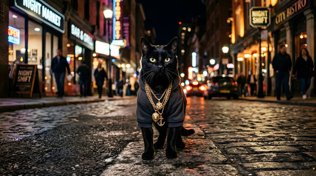 Stylish Black Cat Wearing Gold Chains in City Night Scene