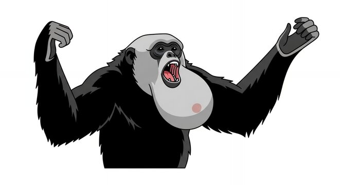 Powerful Black Siamang Ape Shouting and Gesturing with Raised Arms Isolated on White Background Mascot