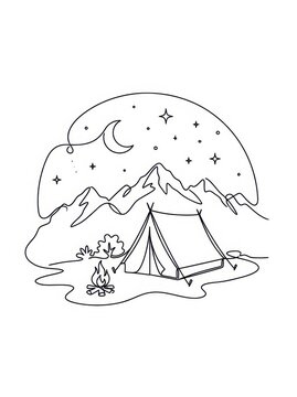 Continuous line camping scene illustration with a tent campfire mountains stars campfire mountains adventure