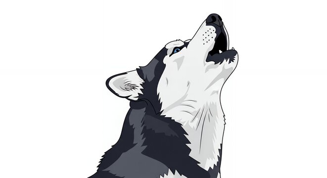 Siberian Husky Howling Illustration Isolated on White Background with Blue Eyes and Wild Wolf Look Style Art