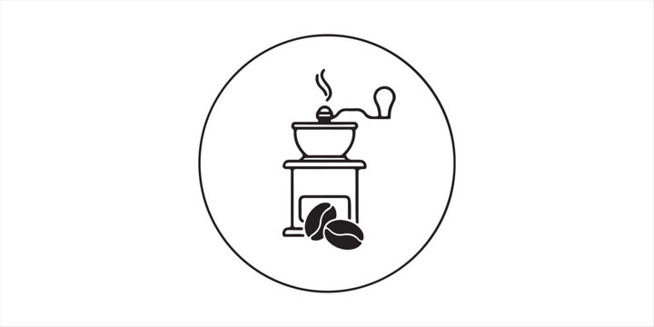 Coffee grinder icon. Flat vector symbol of beans crusher or cutter. Outline silhooutte of coffee mill machine with handle to roaster. Round logo of mill used in kitchen