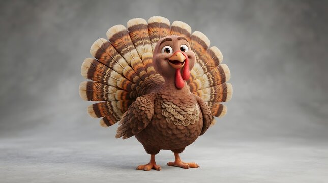 A 3d rendered cute cartoon turkey with a large fanned tail standing against a neutral grey background