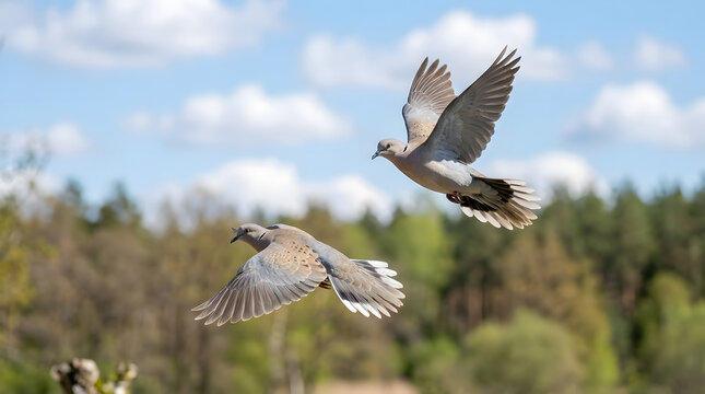Two Doves Flying Over a Forested Landscape