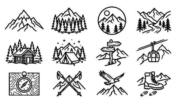 Mountain landscape snow peak forest vector silhouettes emblem set outdoor adventure logo collection