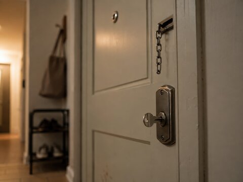 Close-up view of a door lock and knob on a wooden door, with a chain lock visible, leading into a softly lit hallway with a shoe rack and a bag hanging nearby