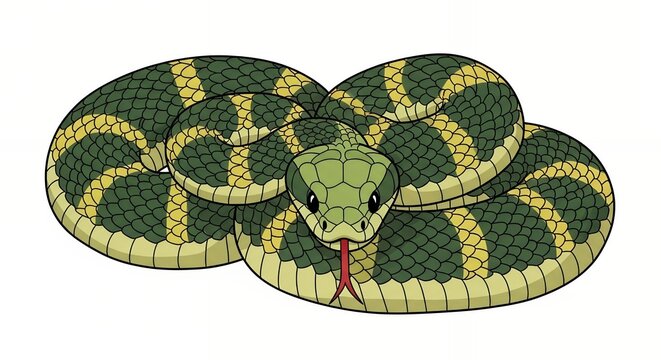 Coiled Green and Yellow Snake Illustration with Detailed Scale Patterns and Red Flicking Tongue Graphic