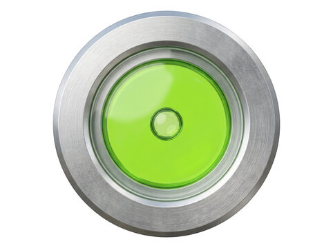 Green illuminated push button on metallic circular housing against transparent background.
