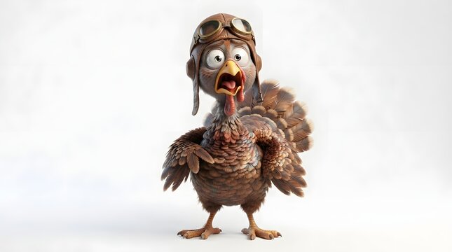 Funny 3d rendered turkey wearing an aviator hat and goggles isolated on white background