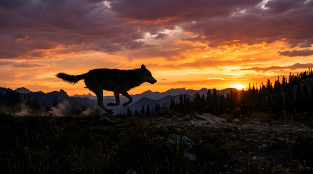 Wild wolf running at sunset in mountain landscape