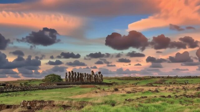 Ahu Tongariki Moai Statues Standing in a Row by the Ocean on Easter Island, Valparaiso, Chile. Time lapse video.