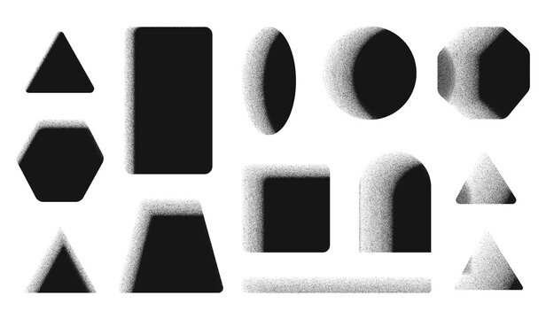 Black Monochrome Geometric Shapes Set with Grainy Noise Gradient Shadow Effects
