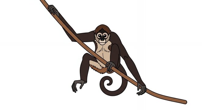 Adorable Cartoon Style Primate Spider Monkey Character Hanging from a Tree Vine in a Jungle Illustration