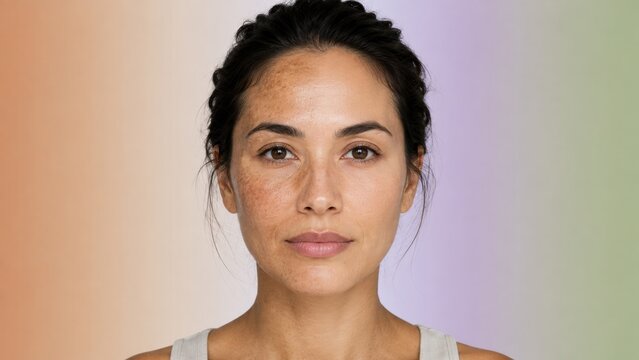 Woman showing face with melasma hyperpigmentation on one side and clear smooth skin on other.