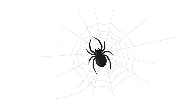 Black creepy spider sitting in the middle of an intricate cobweb isolated on a white background for halloween