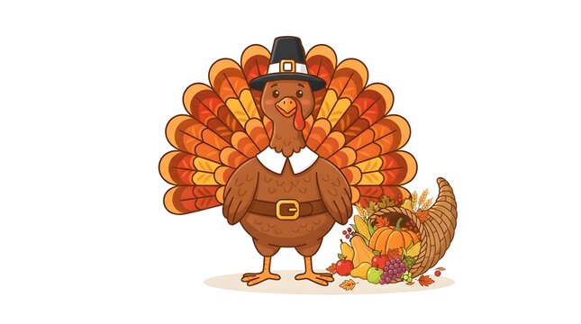 A cute cartoon turkey wearing a pilgrim hat and collar stands next to a cornucopia filled with fruits and vegetables, isolated on white background
