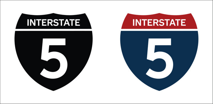 Interstate 5 highway road sign, American freeway route shield symbol for transportation, navigation, travel and road infrastructure design