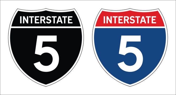 Interstate 5 highway road sign, American freeway route shield symbol for transportation, navigation, travel and road infrastructure design