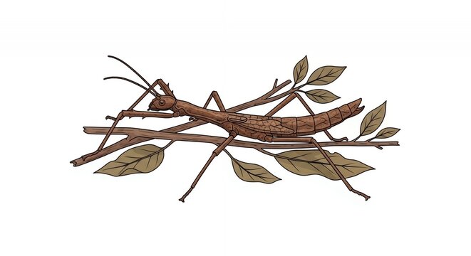 Detailed Illustration of a Brown Stick Insect Phasmid Camouflaged on a Wooden Branch with Dry Leaves Isolated