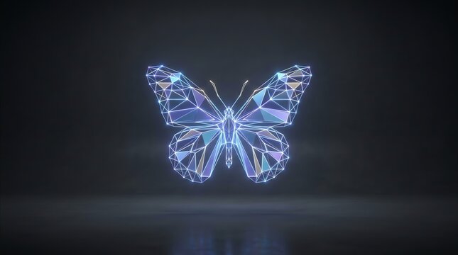 Abstract glowing digital butterfly made of geometric polygons and wireframe lines on a dark background