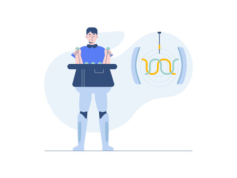 A technician interacting with or analyzing a robotic/automation system. Robots illustrations. Flat vector concepts.