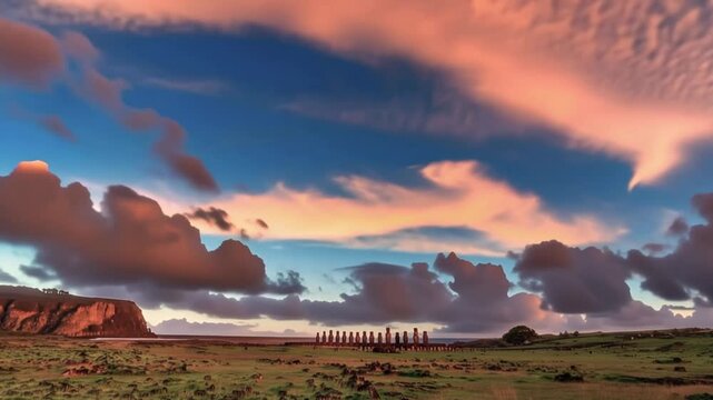 Ahu Tongariki Moai Statues Standing in a Row by the Ocean on Easter Island, Valparaiso, Chile. Time lapse video.