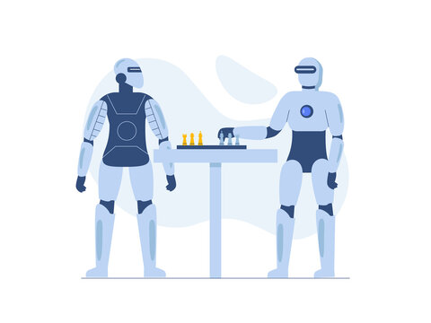 Two humanoid robots playing chess across a table. Robots illustrations. Flat vector concepts.