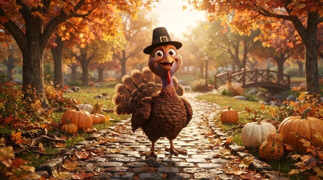 Cute cartoon turkey wearing a pilgrim hat walking on a path in an autumn park