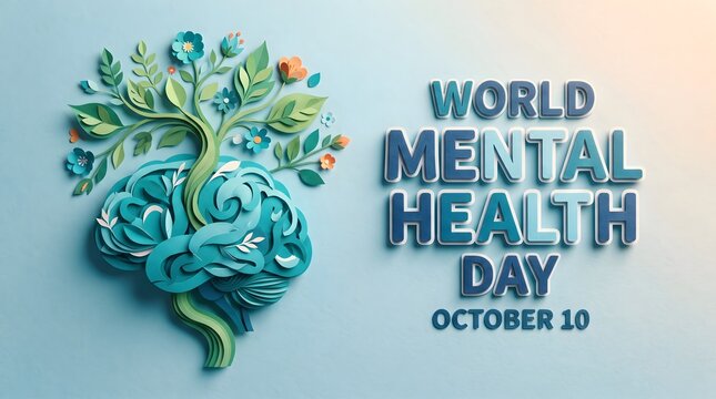 World mental health day concept illustration featuring a blooming brain tree design