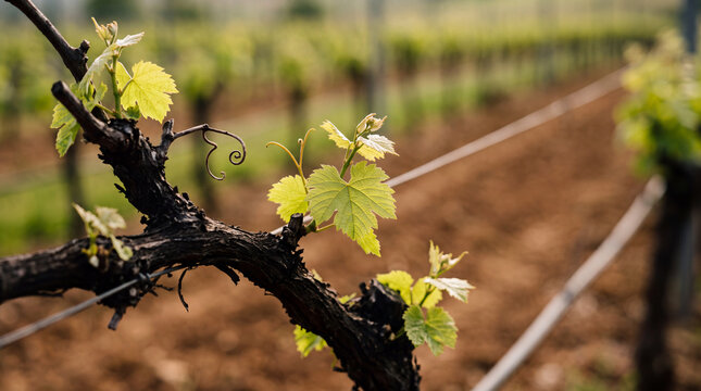 Close-up of young green grape leaves and fresh buds sprouting from an old grapevine branch in a beautiful vineyard during springtime agricultural cultivation.