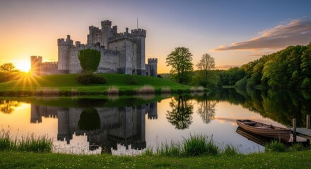 Fototapeta premium Majestic castle at sunset with reflections in calm water scenic landscape