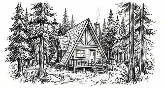 Rustic A-Frame Cabin in Pine Forest Hand Drawn Pencil Sketch