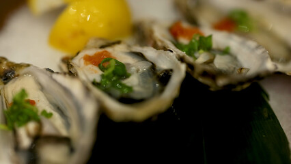 Close-up of Fresh Oysters with Lemon and Green Onion Garnish © blueringmedia