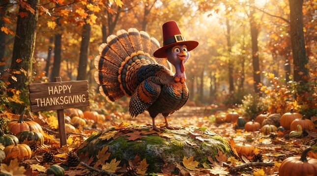 Cartoon turkey with a red pilgrim hat standing on a rock in an autumn forest with a happy thanksgiving sign, festive holiday illustration