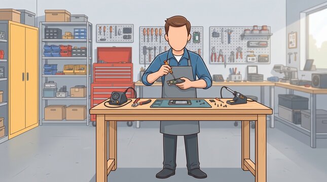 Faceless male technician holding a screwdriver while inspecting an electronic device in an organized workshop, representing repair, maintenance and technical service