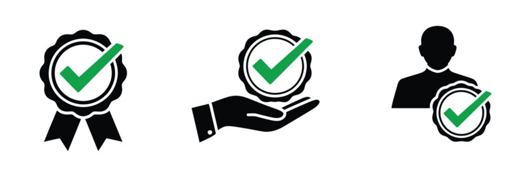 best service offer symbols set, black rosette badges with check marks representing approval quality and preferred choice vector illustration