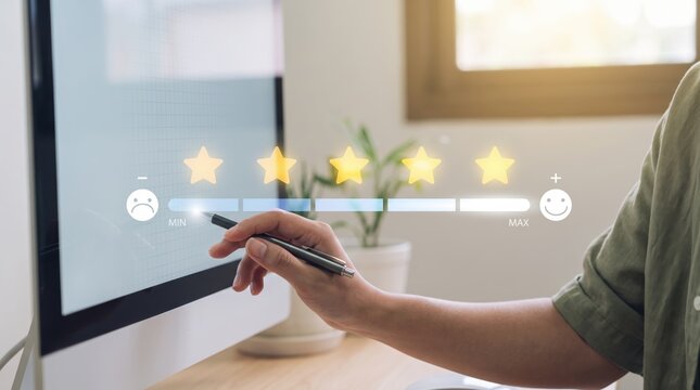 Hand using stylus to rate customer satisfaction on computer screen, five star rating system with smiley faces from min to max, user feedback interface, service quality evaluation