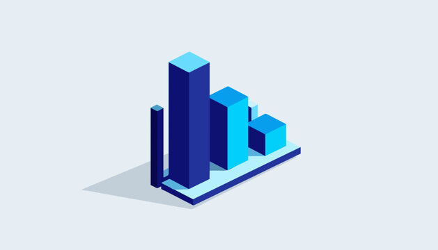 Isometric blue 3d bar chart showing declining financial business performance and decreasing growth trends for corporate data analytics