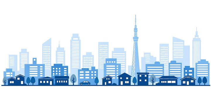 都市風景と高層ビルが並ぶ街並みのイラスト｜ビル、住宅、車、街路樹