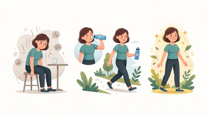 Fototapeta premium Healthy lifestyle transformation steps showing woman exercising and drinking water