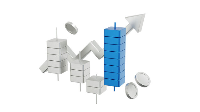 3D Candlestick Trading Icon on Transparent Background. Trading or Finance Symbol, Market investment, Candlestick Graph. Japanese Candlesticks