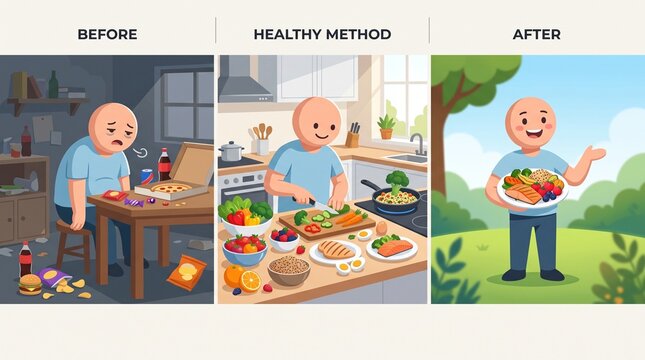 Healthy lifestyle transformation before and after diet and nutrition habits illustration