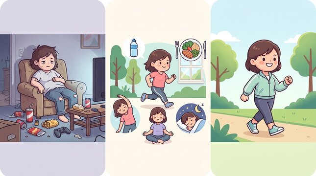 Healthy lifestyle transformation journey from sedentary habits to active fitness routine.