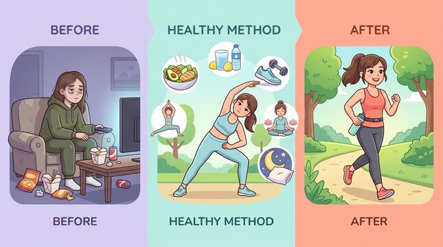 Healthy lifestyle transformation infographic showing before and after fitness progress