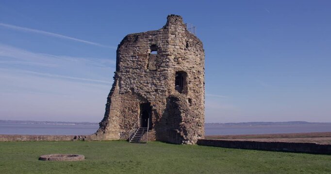 Wide shot of the northeast tower of Flint castle from the Inner ward,