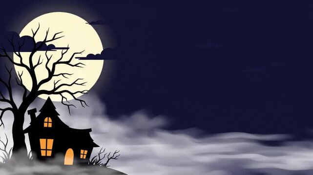 Spooky haunted house silhouette under a giant glowing full moon with swirling fog animation in this dark digital video footage