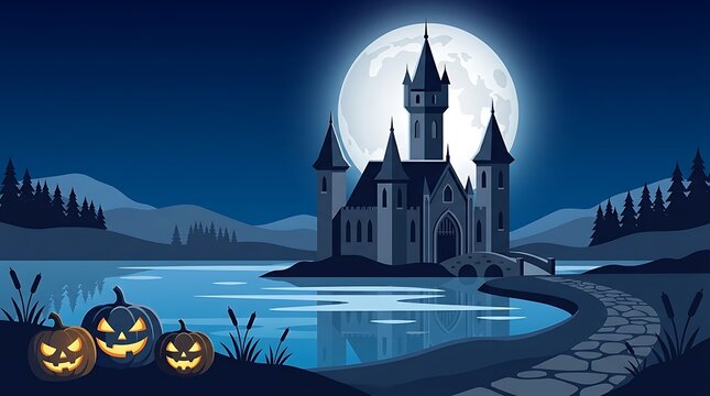 A spooky halloween background featuring a dark gothic castle silhouette under a bright full moon by a calm lake with glowing jack o lanterns
