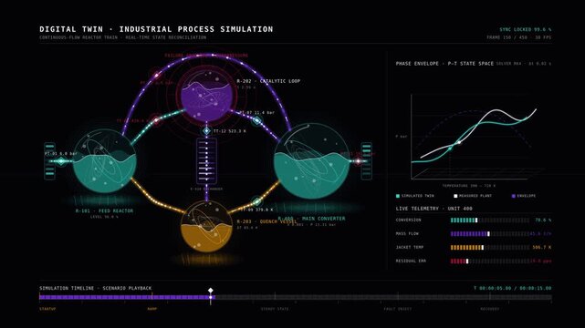 Cinematic 4K visualization of a digital twin simulation displaying an intricate 3D chemical process pipeline with glowing reactors and animated fluid dynamics in a dark void setting.