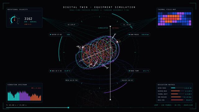A dramatic close-up of a digital twin industrial turbine rendered in neon-turquoise wireframe on a dark backdrop, showcasing intricate mechanical details and telemetry overlays.